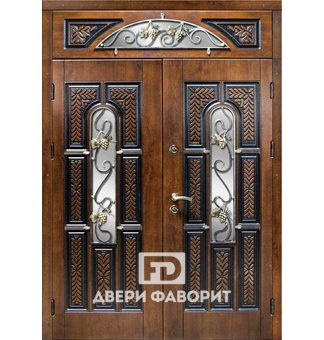 дверь металлическая для парадного входа в коттедж с ковкой и стеклом
