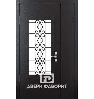 недорогая двустворчатая дверь с порошковым покрытием, с ковкой и стеклом
