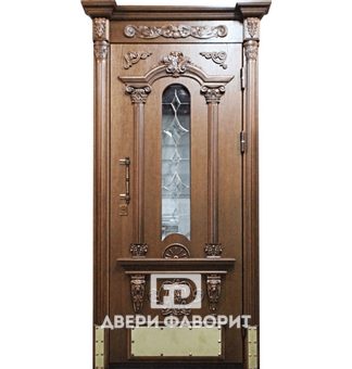 стальная дверь с отбойником, ковкой, стеклом и отделкой массивом дерева