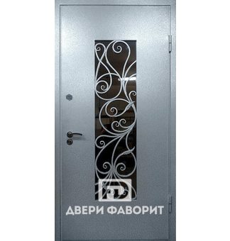 металлическая дверь со стеклом и ковкой в виде завитков